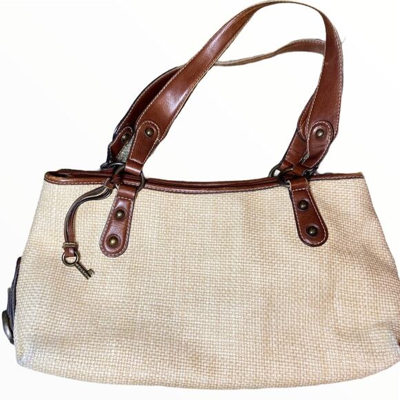 Fossil Baguette Bag Woven tote wicker Tweed rainbow 70s - Picture 1 of 4